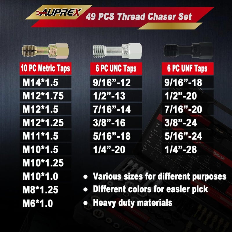 AUPREX 49Pcs Thread Chaser Set, UNC, UNF & Metric Thread Repair Kit with Taps, Dies and Thread Files for Re-Threading, Universal Metric and SAE Thread Chaser Kit - Image 2